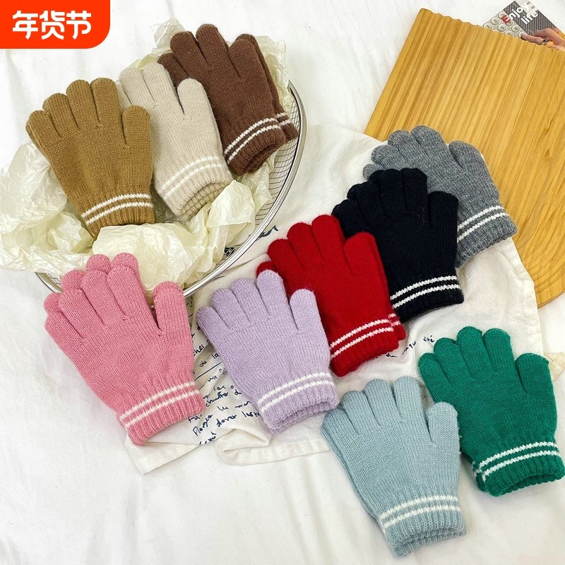 儿童冬季条纹针织分指手套2026新款男女童宝宝防寒保暖五指手套
