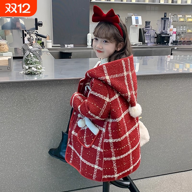 女童外套秋冬装2025新款儿童呢子大衣加绒加厚红色毛呢中长款格子