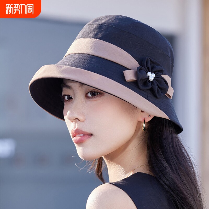 女款新春款花朵帽子防紫外线渔夫帽女式太阳帽女士夏款遮阳可折叠