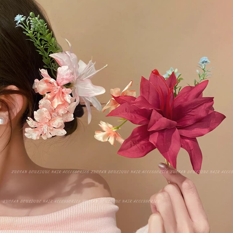 氛围感粉色百合绢花花朵发簪超仙唯美盘发大号发叉发抓头饰拍照女