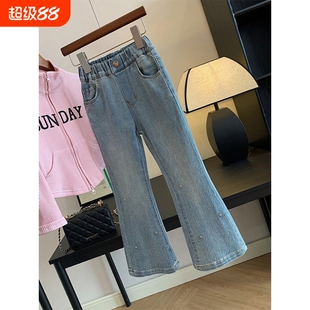 女童一体加绒牛仔裤儿童春秋冬季烫钻喇叭裤中大童洋气加厚微喇裤