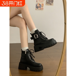 厚底英伦风马丁靴女款2025新款秋冬季增高黑色短筒靴子高跟粗跟