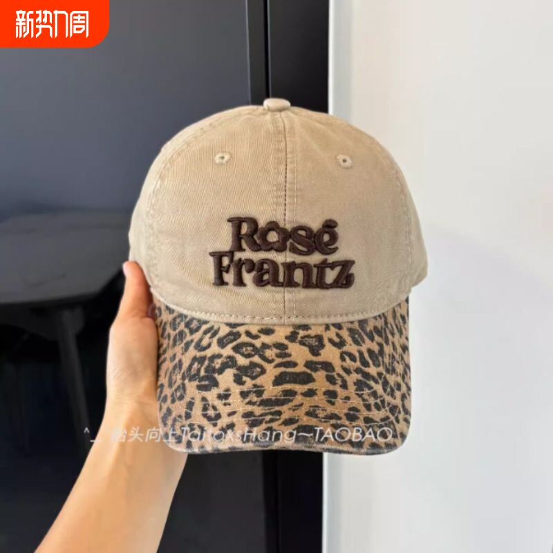 美式复古豹纹刺绣棒球帽女显脸小鸭舌帽宽帽檐大头围软顶帽子宽檐