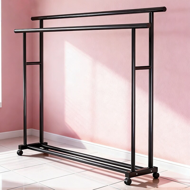 简易衣架卧室落地双杆加粗挂衣架室内衣帽架阳台折叠晒衣架移动