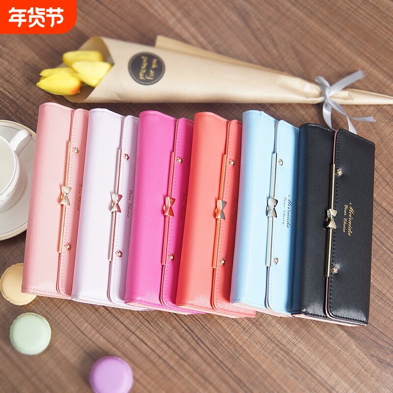 批发2025新款女士钱包韩版搭扣可爱女学生钱包蝴蝶结长款铆钉钱夹