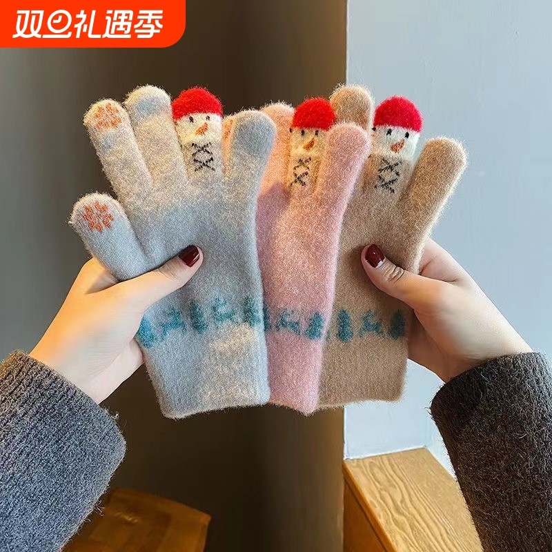 冬季可爱雪人针织手套女 加绒保暖毛线手套 学生骑行防风手套百搭