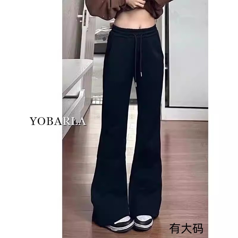 黑色微喇休闲裤女冬季加绒加厚弹力大码胖mm梨形身材显瘦运动卫裤