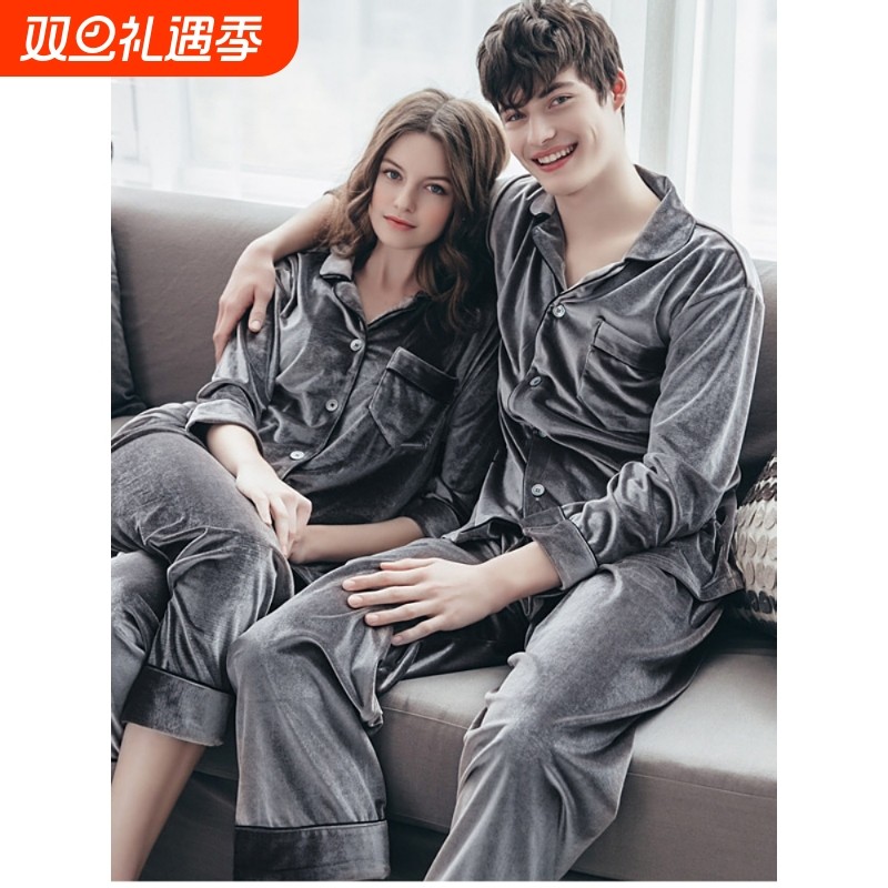 红豆情侣睡衣秋冬款韩国金丝绒套装加大码男士睡衣女春秋可外穿家