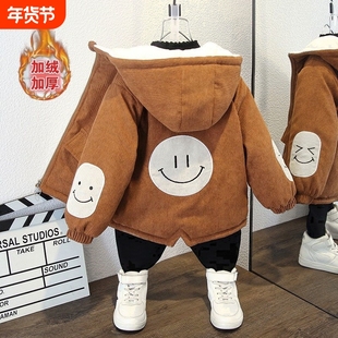 男童棉衣外套秋冬装洋气2025新款灯芯绒儿童加绒加厚休闲连帽上衣