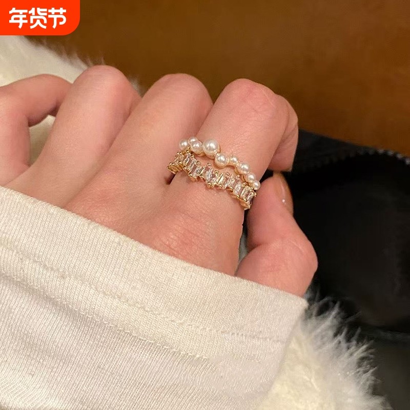 锆石珍珠双层金属开口戒指女轻奢复古显白精致时尚百搭指环戒指