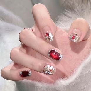 卡佩尔新年喜庆醒狮穿戴甲红色水钻手工显白甲片制作椭圆