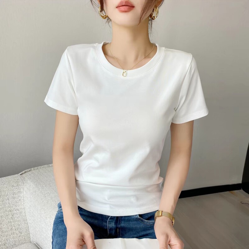 白色短袖正肩t恤女纯棉2026夏季新款圆领显瘦体恤上衣黑色粉色