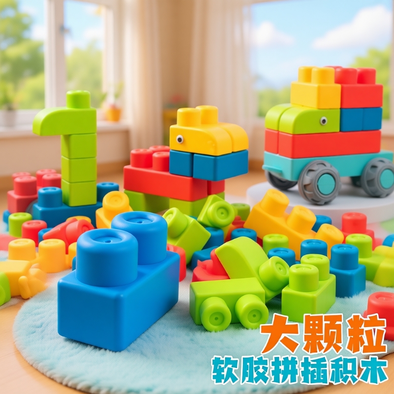 儿童软胶大颗粒积木玩具可啃咬婴儿宝宝1岁益智力动脑diy拼装大块