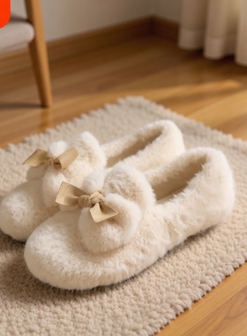一脚蹬豆豆鞋白色毛绒毛毛鞋子女2025秋冬季外穿加绒孕妇绒面黑色