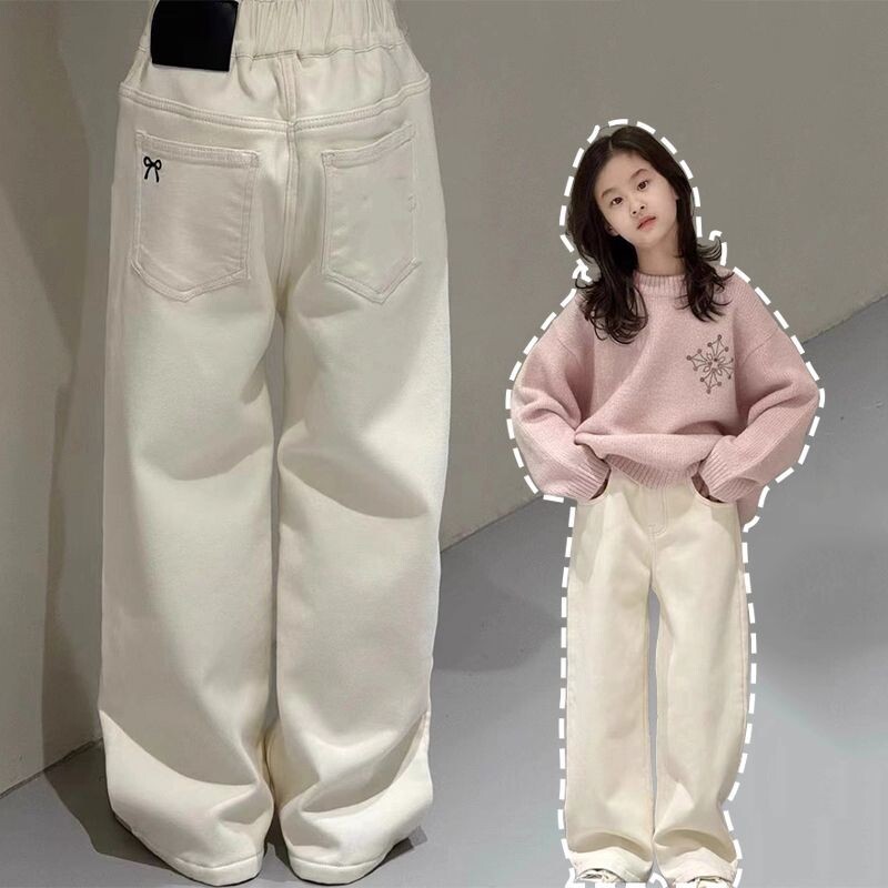 女童加绒牛仔裤秋冬季新款童装加厚一体绒儿童保暖直筒裤白色阔腿