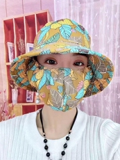Защитные приспособления для головы 防晒口罩一体帽子夏季女遮阳帽遮脸防紫外线太阳帽子采茶大帽檐