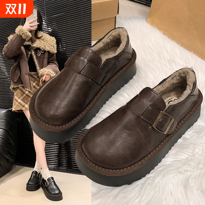 毛毛鞋女外穿2025新款秋冬季厚底勃肯鞋一脚蹬加绒保暖雪地靴棉鞋