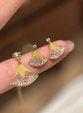 法式复古镶钻小扇子耳钉项链