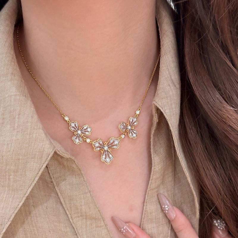 925法式轻奢复古高级设计分金蕾丝四叶花戒指耳钉项链宫廷风首饰