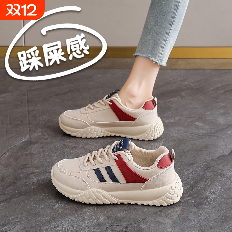 啄木鸟秋季女鞋皮面运动休闲鞋2025新款学生板鞋ins潮跑步鞋34码
