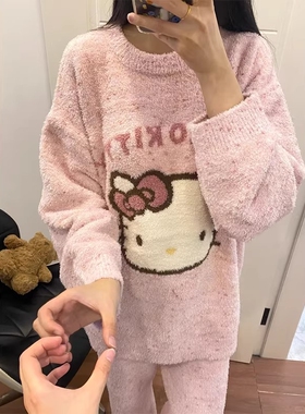 HelloKitty半边绒睡衣女款秋冬2026新款加厚珊瑚绒家居服套装薄款