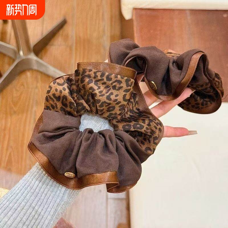 复古豹纹布艺大肠发圈丸子头拼接咖色高级感时尚百搭女头饰