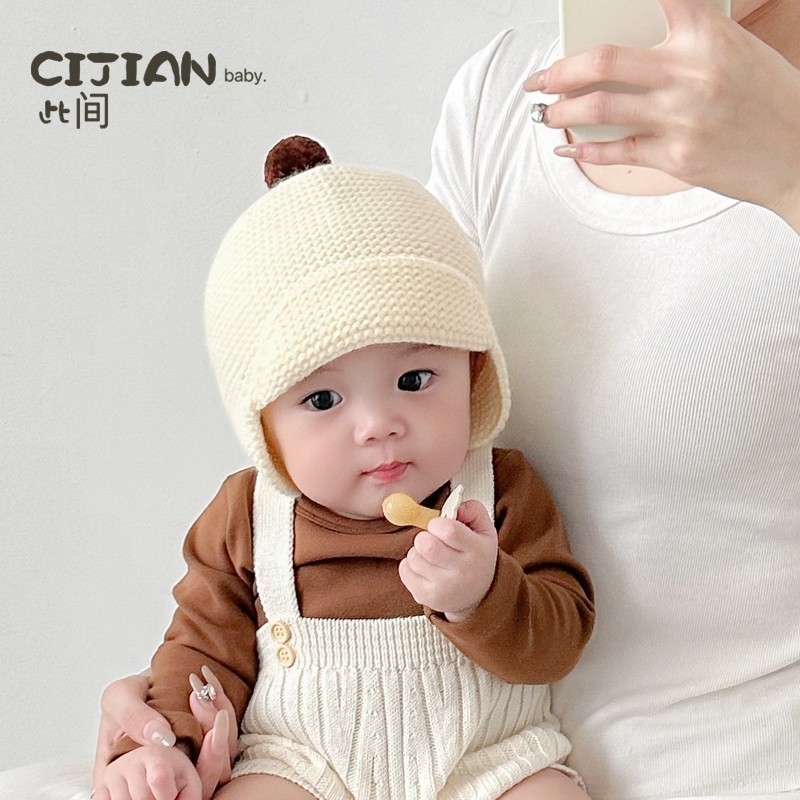 宝宝帽子秋冬季保暖护耳针织帽韩版男女童包头毛线帽红色黑色帽檐