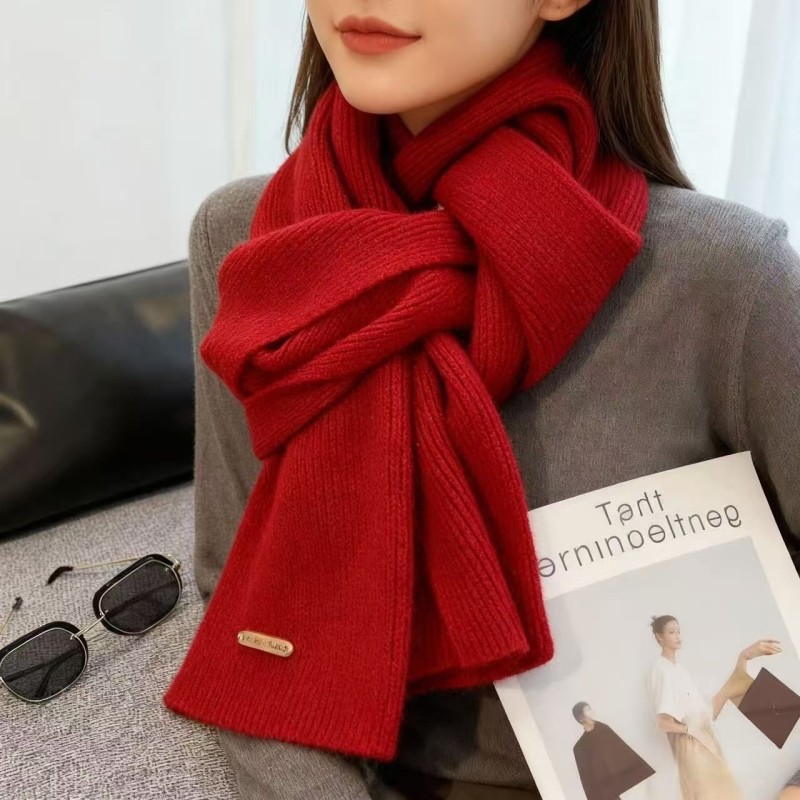 围巾女冬季2025毛线针织小围巾潮加厚保暖宝蓝色卡其色米色中国红