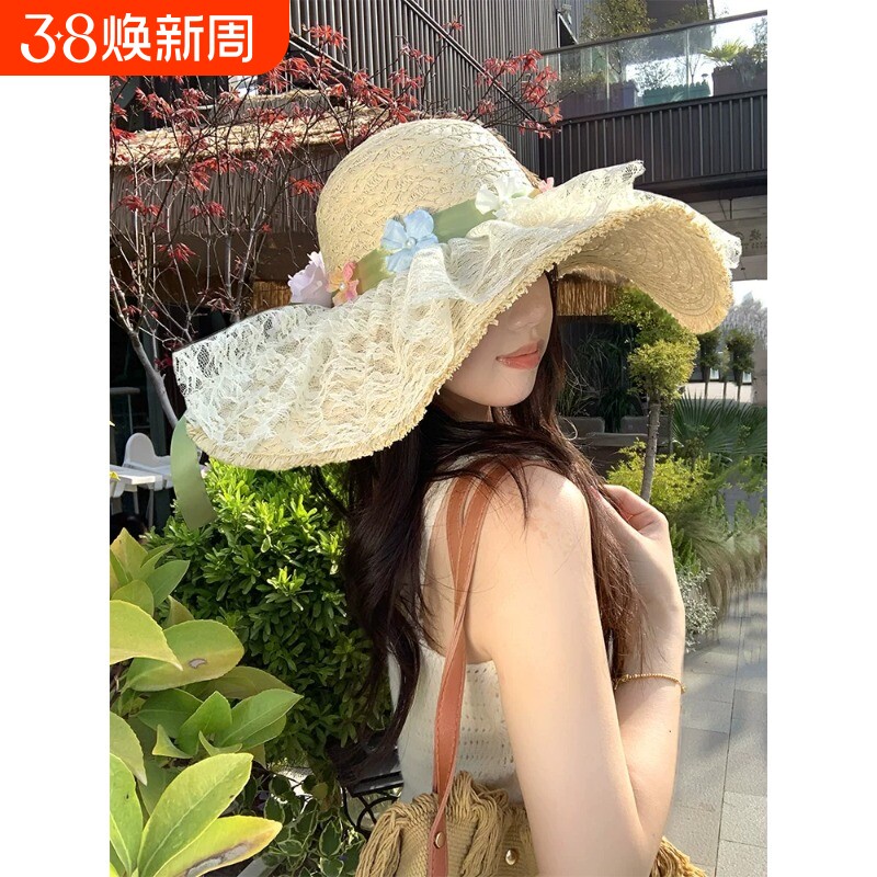 太阳帽女款2026新款甜美花朵草帽夏季遮阳防晒适合海边拍照的帽子