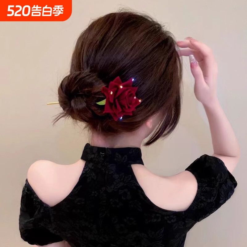 玫瑰~氛围感浪漫复古仿真花朵发簪现代简约百搭汉服头饰发钗手工