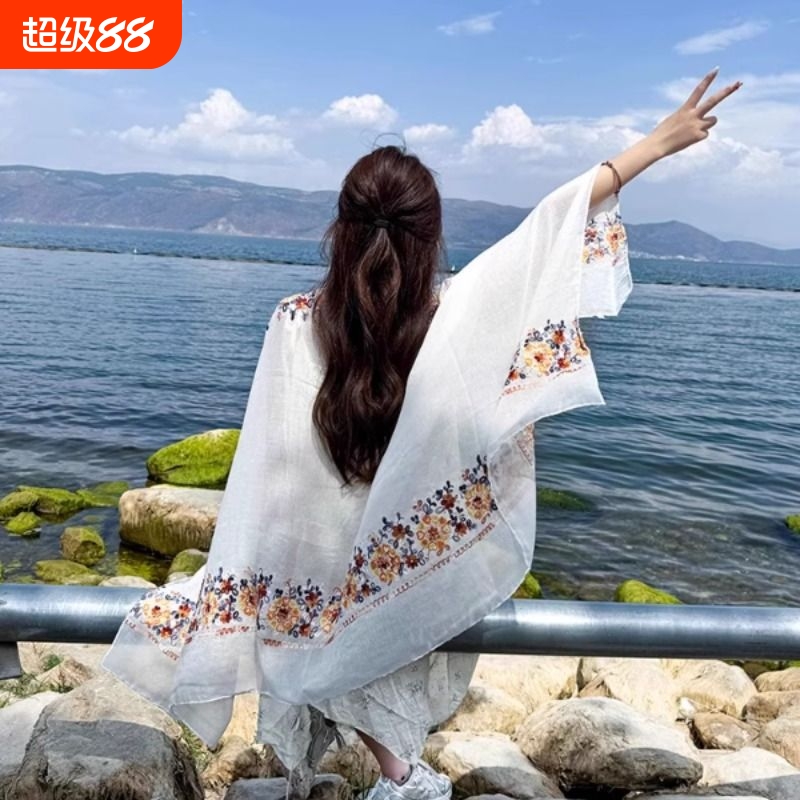 民族风披肩女夏季防晒沙漠旅游披风海边沙滩丝巾薄款红色度假围巾