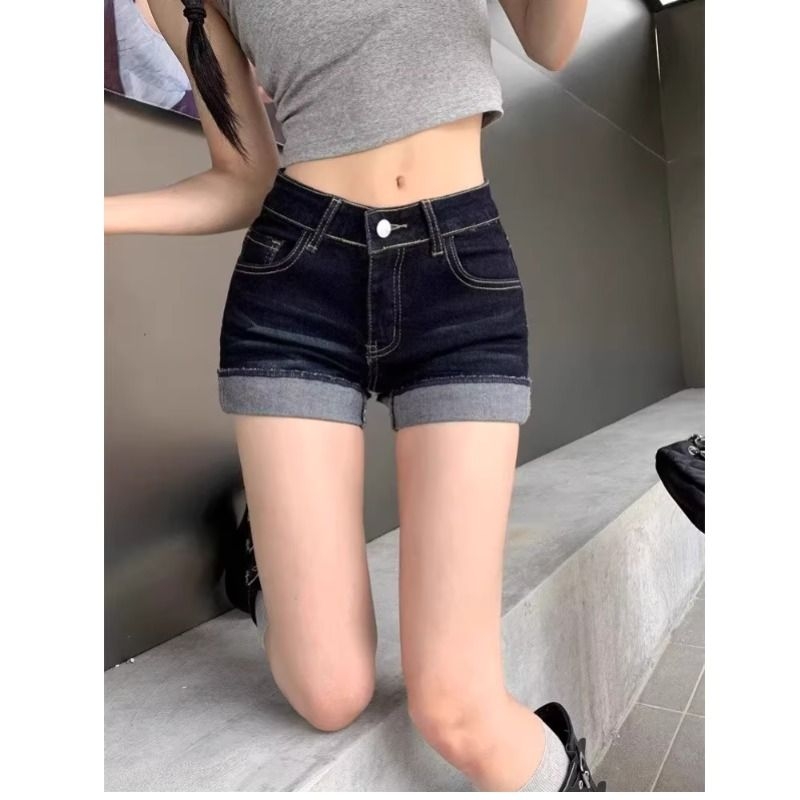 美式辣妹高腰性感超短裤热裤牛仔裤女夏季深蓝色设计感卷边短裤子