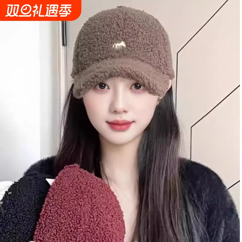 2025新款小狐狸刺绣羊羔毛棒球帽子女秋冬季加绒加厚保暖鸭舌帽潮