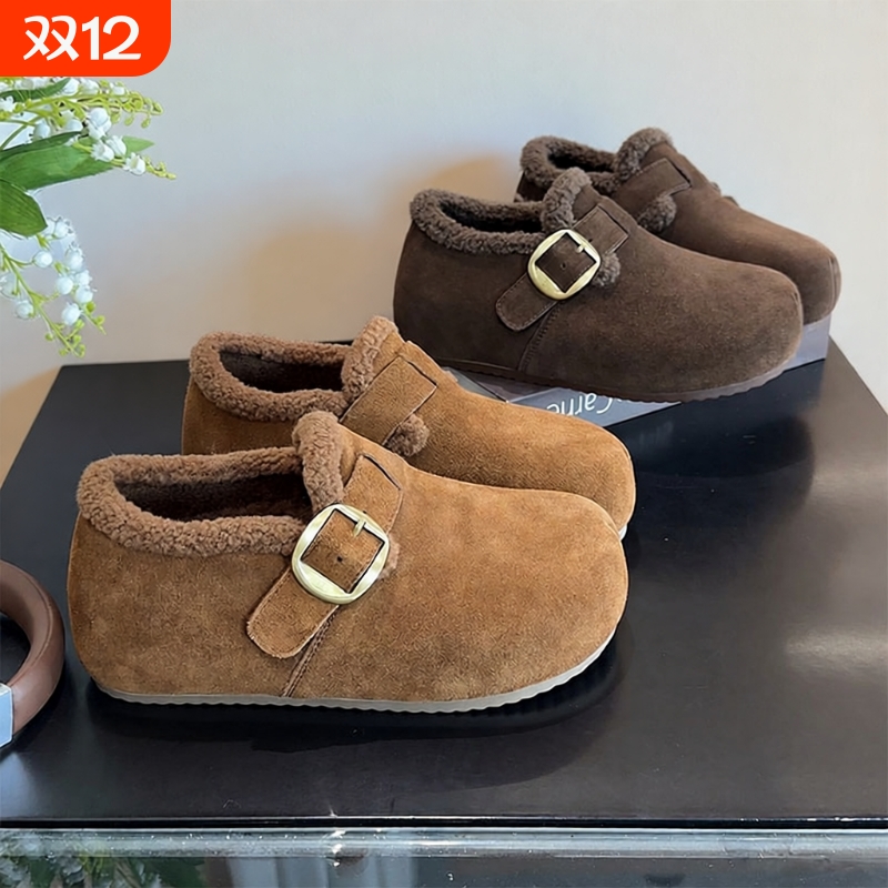 冬季加绒内增高勃肯鞋真皮厚底2025新款全包毛毛博肯鞋女灰色羊毛