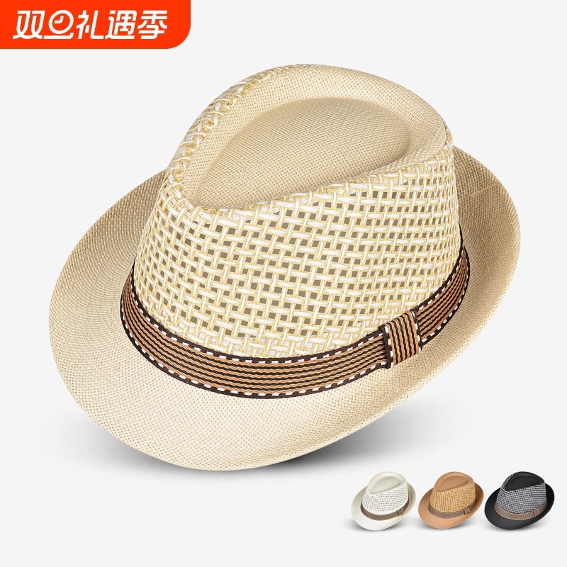 夏季出游遮阳小礼帽男韩版新款透气防晒沙滩帽英伦复古爵士帽卷边