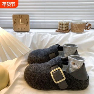 软底高级感灰色勃肯鞋女2025秋冬新款两穿加绒包头半拖鞋内增高
