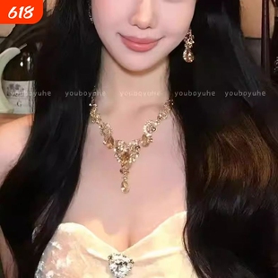 千金琉璃~金色水滴项链女轻奢名媛耳环夸张晚宴礼服配饰花朵镀金