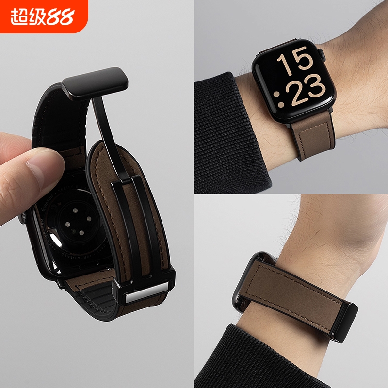 适用苹果S10表带男iwatch9手表applewatch8疯马纹皮质S9透气S8新款10磁吸S7运动7智能S6真皮SE硅胶秋冬女腕带