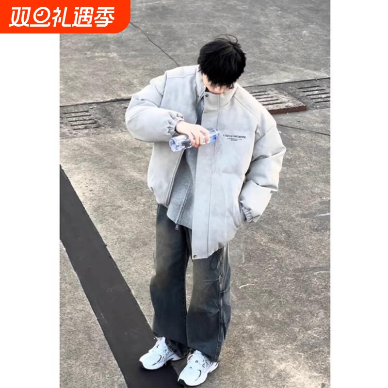 户外高级感美式pu皮雾面羽绒服男冬季加厚短款外套高级感立领面包