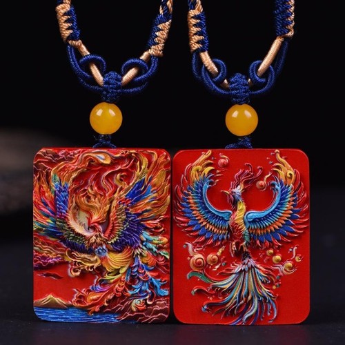 水飞砂朱砂朱砂凤凰吊坠红砂手绘彩绘凤凰涅槃方牌祥云挂件