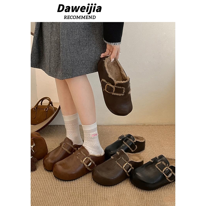 黑色复古增高厚底勃肯鞋女2025新款秋冬外穿保暖加绒毛毛半拖鞋子