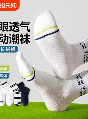 袜子男青少年纯棉防臭运动学生袜夏薄款吸汗透气中筒袜白色大童袜