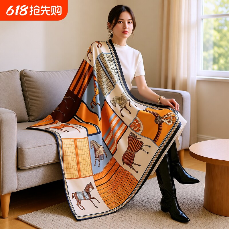中国风桔110仿真丝丝巾大方巾外搭披肩沙滩巾女送妈妈水墨画印花