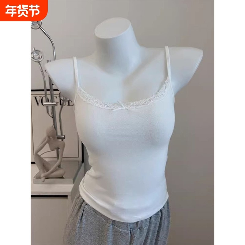 春夏纯欲风蕾丝吊带带胸垫背心女新款修身蝴蝶结内搭外穿打底上衣