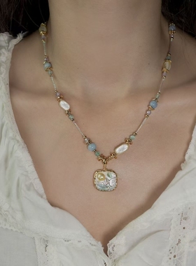 《虹彩糖豆》法式复古重工油画项链不规则珍珠吊坠颈链小众锁骨链