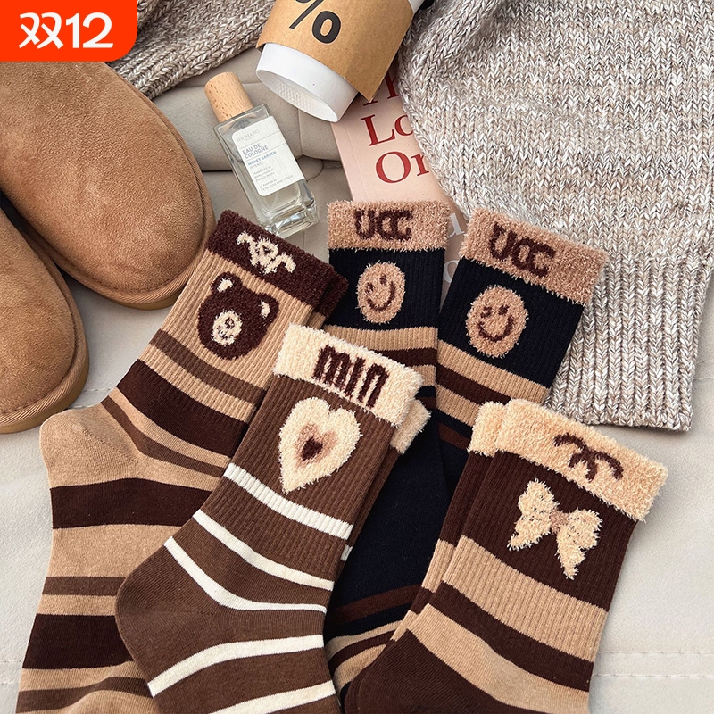 毛圈保暖袜女秋冬款中筒毛绒高颜值网红爆款袜可爱卡通防臭女袜子