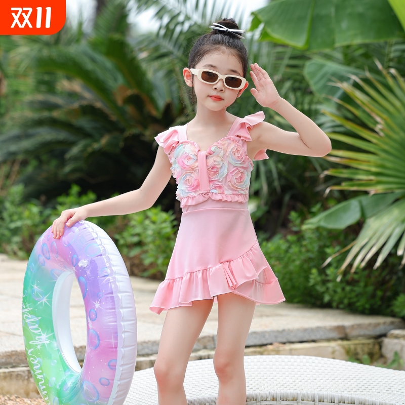 儿童泳衣女夏2025新款甜美可爱连体泳装小女孩花边粉色公主游泳衣