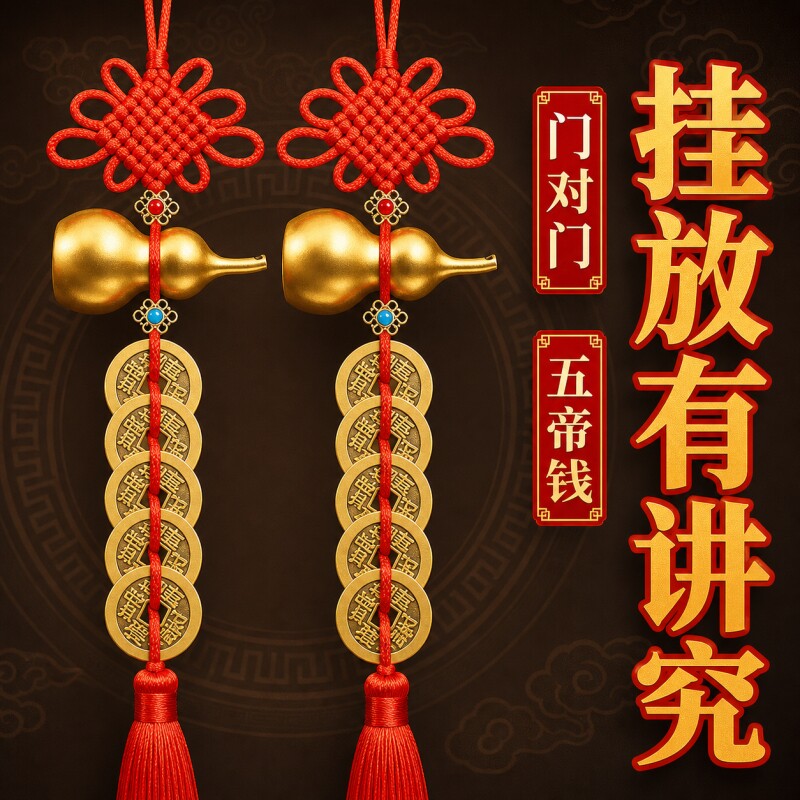 五帝钱门对门纯铜葫芦真品铜钱串大门口卧室压门槛中国吉祥结挂件
