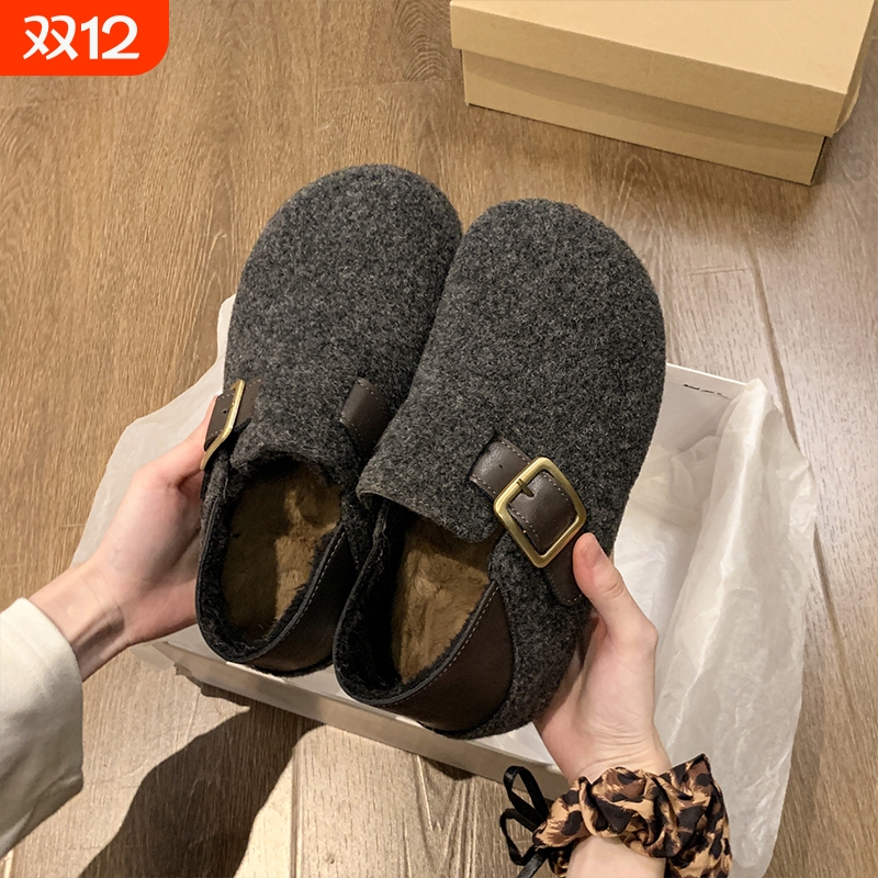 软底高级感灰色勃肯鞋女2025秋冬新款厚底棉鞋两穿加绒包头半拖鞋