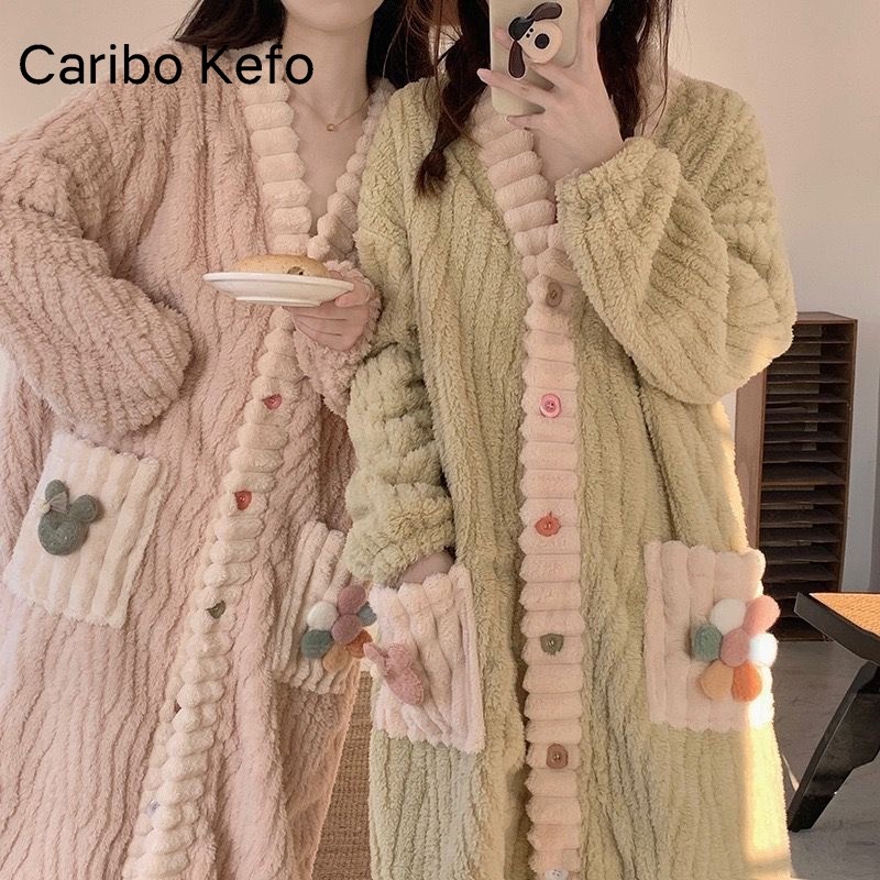 CariboKefo新款彩虹开衫珊瑚绒睡衣甜美少女毛茸茸新款家居